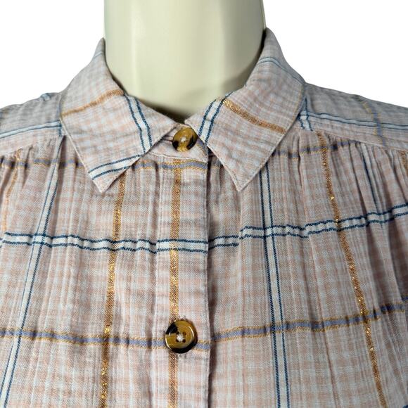 Free People Top Women XS Break My Stripe Plaid Oversized Pale Pink Gold Metallic - Picture 2 of 16